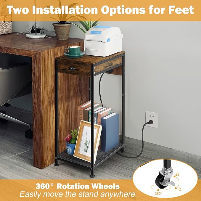 Vrisa Home Printer Stand with Storage Drawer Printer Table Desk with Charging Station Small Printer Cart Holder with Wheels for Home Office Computer PC Tower Label Shredder Stands, Rustic Brown
