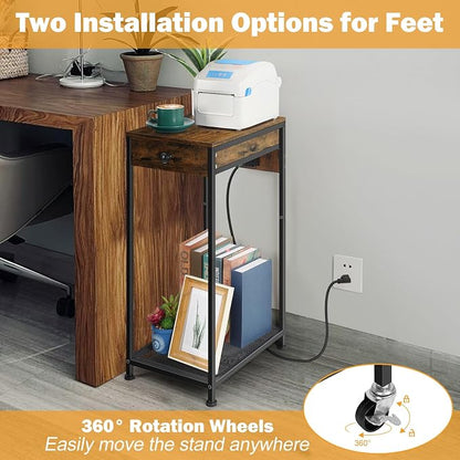 Vrisa Home Printer Stand with Storage Drawer Printer Table Desk with Charging Station Small Printer Cart Holder with Wheels for Home Office Computer PC Tower Label Shredder Stands, Rustic Brown