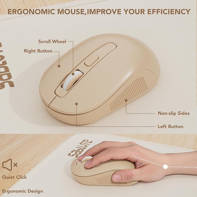 Wireless Keyboard and Mouse Combo, Round Keycaps, Full-Size Retro Typewriter Keyboard with Magnetic Wrist Rest, Tilt Legs, 2.4GHz Cordless for Mac, Windows PC, Laptop, SABLUTE CK23, Latte Beige