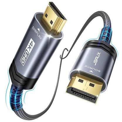JSAUX 4K DisplayPort to HDMI Cable 6.6FT, DP to HDMI Video UHD 2K@120Hz/4K@30 Nylon Braided DP to HDTV Uni-Directional Cord for Dell, Monitor, Projector, Desktop, AMD, NVIDIA, Lenovo, HP-Grey
