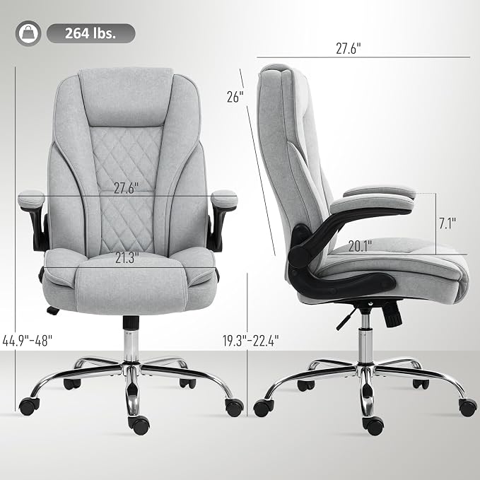 HOMCOM High Back Office Chair, Executive Desk Chair with Swivel Wheels, Flip-up Armrest, Adjustable Height, Modern Diamond Fabric Computer Chair for Home Office, Gray