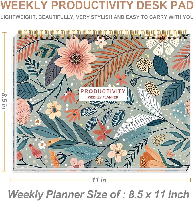 Weekly Productivity Planner - 8.5" x 11" Dashboard Desk Notepad Has 6 Focus Areas to List Tasks for Goals, Projects, Clients, Academic or Meal-Organize Your Daily Work Efficiently, 54 Weeks, Flower-A