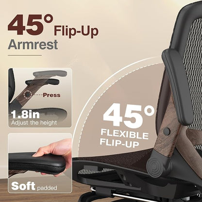GABRYLLY Ergonomic Office Chair with Footrest, High Back Mesh Computer Chair with Flip-Up Arm, 3D Headrest, 135° Reclining, Rolling Gaming Task Chair with Wide Seat Lumbar Support,300LBS