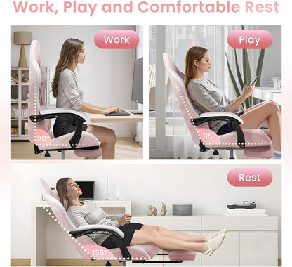 N-GEN GAMING Video Gaming Chair with Footrest Lumbar Support for Home Office High Back Recliner Height Adjustable Ergonomic Comfy Fabric Computer Desk Chair (Pink)