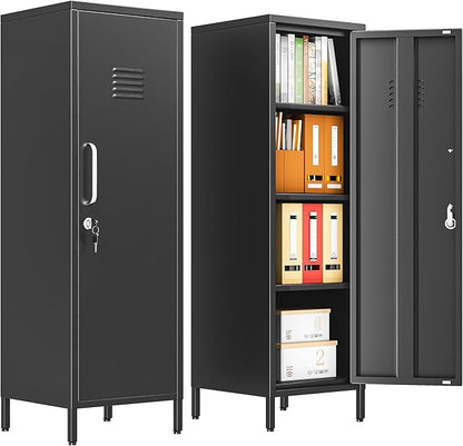 pozdeg 47.24" Metal Storage Locker with Lockable, Employees Metal Steel Locker with 1 Door ＆ 3 Adjustable Shelves, Small Locker Storage Cabinets for Home, School, Office, Gym (Black)