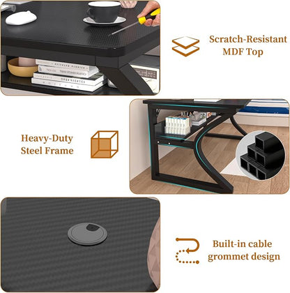 47 inch Computer Desk, Home Office Desk with Storage Shelf, Sturdy U-Shaped Metal Frame Study Table with Cable Management, Gaming Desk for Office & Bedroom (Carbon Fiber Black, 47inch)