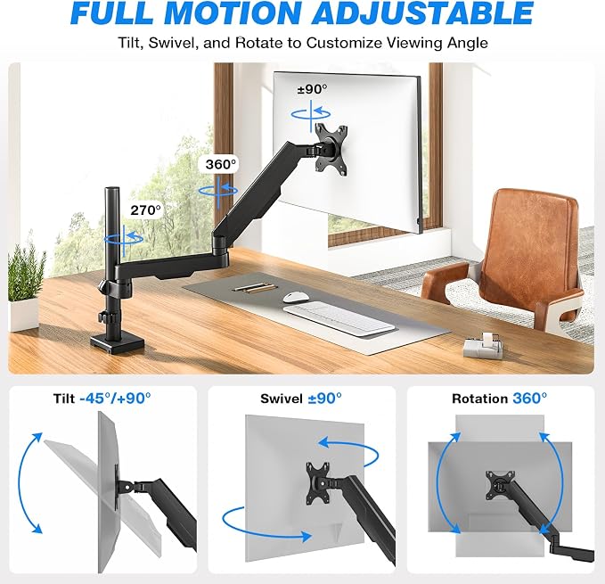 Single Monitor Arm Desk Mount, Adjustable Extra Long Monitor Stand for 17-34 Inch Screens, Hold up to 22 lbs, VESA 75/100mm Mount with Tilt, Swivel, Rotation