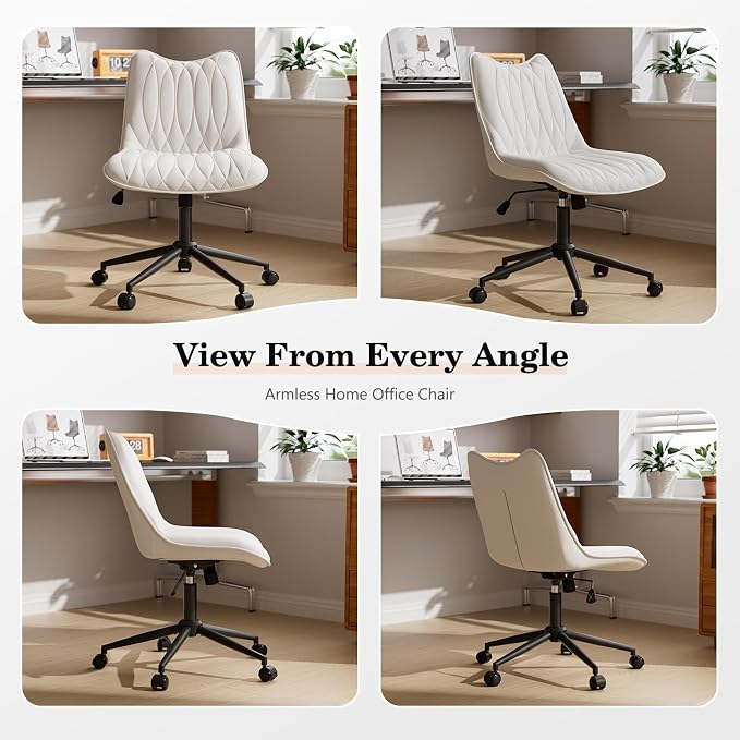 Armless Office Chair, Swivel Rolling Leather Desk Chair, White | Waterproof Upholstery, Padded Seat, 15° Relaxing Tilt, 330 LBS Capacity, for Bedroom Vanity and Computer Work