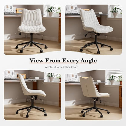 Armless Office Chair, Swivel Rolling Leather Desk Chair, White | Waterproof Upholstery, Padded Seat, 15° Relaxing Tilt, 330 LBS Capacity, for Bedroom Vanity and Computer Work