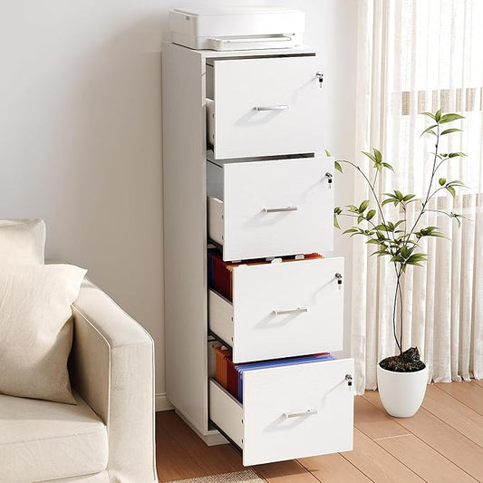 VINGLI 4 Drawer File Cabinet with Lock, Home Office Filing Organizer, for Letter Size File Folder Storage, Wood Tall Vertical Filing Cabinet, Printer Stand, Archivador (White)