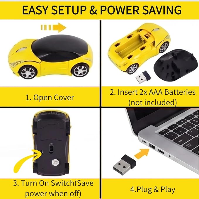 Yellow Wireless Car Mouse, 2.4G with USB Receiver, 1600DPI Optical, Ergonomic Mini Computer Mouse, for Laptop, PC, Tablet, Windows, Mac OS