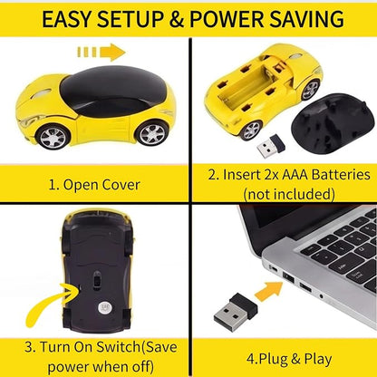 Yellow Wireless Car Mouse, 2.4G with USB Receiver, 1600DPI Optical, Ergonomic Mini Computer Mouse, for Laptop, PC, Tablet, Windows, Mac OS