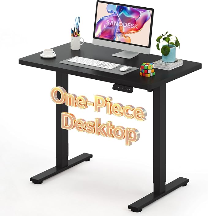 SANODESK Electric Standing Desk 40 x 24 Inches Whole-Piece Desktop Height Adjustable Stand Up Desk w/6-Button Controller Ergonomic Computer Desk for Home Office, Black Frame + Black Tabletop
