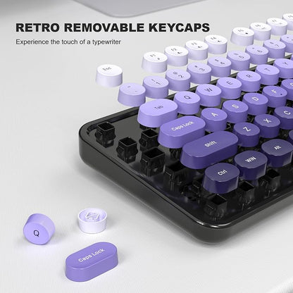 MOWUX Computer Keyboard Wired, Plug and Play USB Retro Round Typewriter Keyboard, Full Size Wired Keyboard with Foldable Stands for Laptop and Office PC- Black Purple Gradient