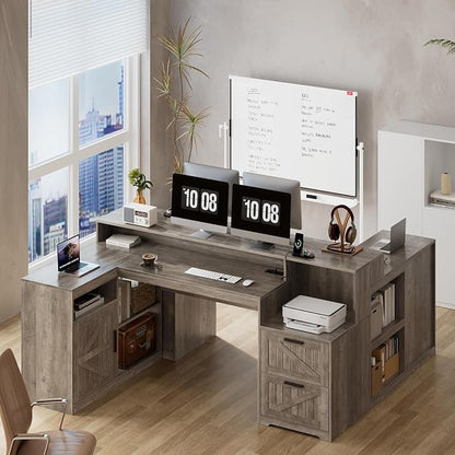 TVU Farmhouse L Shaped Desk with Drawers, 62.2" Home Office Desk with Storage Shelves and Power Outlet, L Shaped Computer Desk with Monitor Stand and Printer Shelf, Gray