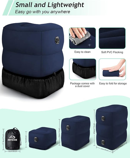 Inflatable Travel Foot Rest Pillow, Kids Airplane Bed, Adjustable 3 Layers Height Leg Rest Pillow, Adults Travel Essentials Great for Airplane, Office, Home, Trains, Cars (Blue)