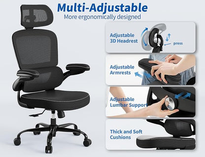 TRALT Ergonomic Office Chair - Desk Chair with Adjustable Headrest Lumbar Support Computer Chair - Mesh Comfy Chair with Flip-up Armrests - Gaming Chair for Adults Home Office PU, Black, Pack of 6