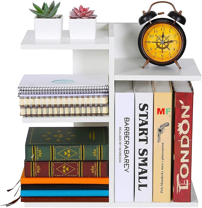 PAG Wood Desktop Shelf Small Bookshelf Desk Supplies Organizers and Accessories Storage Display Rack Office Decor for Women, White
