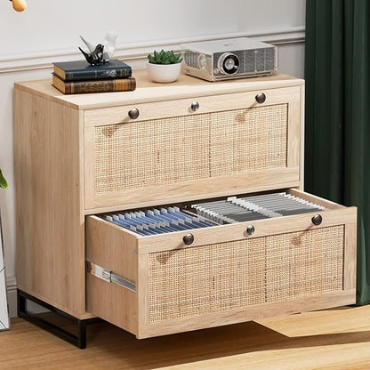 VINGLI Wood Rattan 2 Drawer Lateral File Cabinet with Lock for Home Office, Lockable Filing Cabinet with Rustic Metal Handles for Hanging Letter/A4/Legal Size Labeled Folders, Oak, 30W x 16D x 28H
