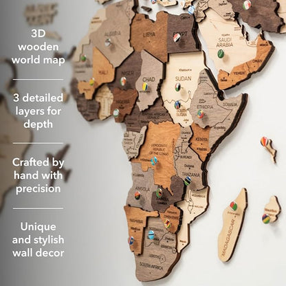 Enjoy The Wood 3D Wooden World Map Wall Art - Large Travel Map with Pins for Art Decor - Decorative Map of the World for Home, Office - Travel Wall Art Housewarming Gift Idea (Multicolor, XL, Unframed)