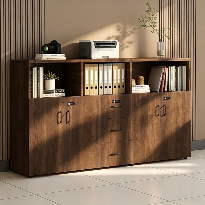 File Cabinet with Password Lock, Wood Lateral Filing Cabinet for Letter/A4 Files, 3 Drawer with Door, Printer Stand with Open Shelves for Home Office
