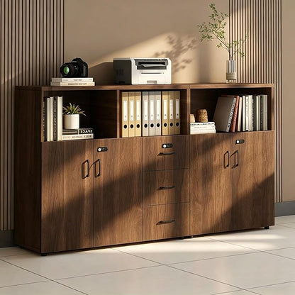 File Cabinet with Password Lock, Wood Lateral Filing Cabinet for Letter/A4 Files, 3 Drawer with Door, Printer Stand with Open Shelves for Home Office