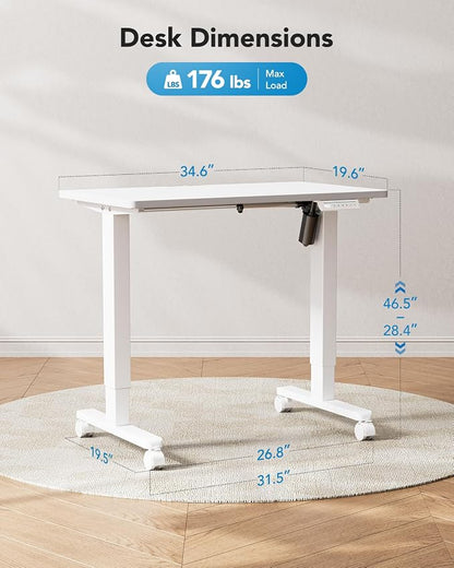HUANUO Electric Small Standing Desk, 35" x 20" Whole Piece Desktop, Adjustable Height Computer Desk, 4 Height Memory Settings, Sit Stand Up Desk for Home Office, White