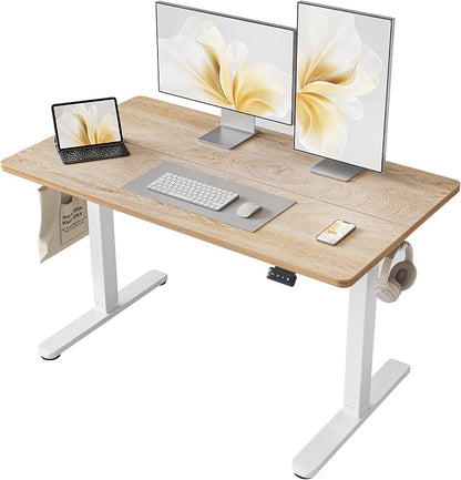 FAMISKY Height Adjustable Standing Desk, 48x 24 Inch Electric Stand up Home Office Table, Sit Stand Desk Computer Workstation with Splice Board, White Frame & Maple Desktop