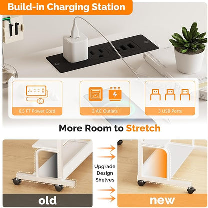 VINGLI 31.5" Mobile Small Standing Desk, Adjustable Height Mobile Computer Desk, w/2 AC Outlets + 3 USB Ports & Hooks, Storage Shelves, Suitable for Gaming, Studying, Home Office, White