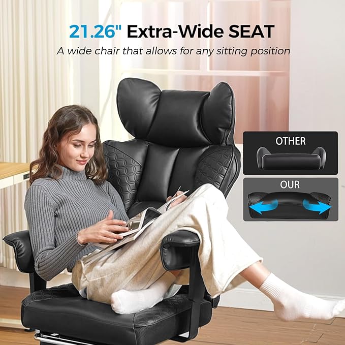 COMHOMA Big and Tall Office Chair Heavy Duty Wide Ergonomic Gaming Chair with Deluxe Embossing Leather with Foot Rest 150°Reclining Adjustable Armrests Pocket Spring Back Support and Without Pillow