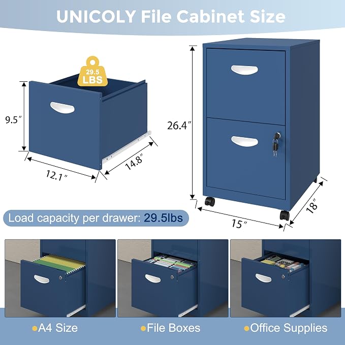 UNICOLY 2 Drawer File Cabinet with Lock, Filing Cabinets with Wheels, Rolling File Cabinets for Home Office, Metal Office File Cabinet, Mobile Filing Cabinet for Holding Letters and File Boxes, Blue