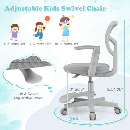 Giantex Kids Desk Chair, Ergonomic Adjustable Student Rolling Chair with Footrest & Flip-up Armrest, Mesh Children Office Chair with Universal Wheels, Kids Computer Chair for Boys & Girls, Grey