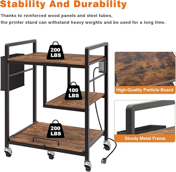 Sedegn Large Printer Stand with Wheels: Lockable Rolling Printer Cart | 24 x 18 Inch Top Fits Laser Printers Shredders and PC Towers 3-Outlet Power Strip and Storage Bag for Home Office (Brown)