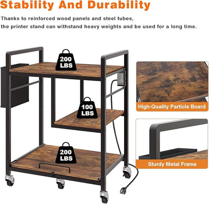 Sedegn Large Printer Stand with Wheels: Lockable Rolling Printer Cart | 24 x 18 Inch Top Fits Laser Printers Shredders and PC Towers 3-Outlet Power Strip and Storage Bag for Home Office (Brown)