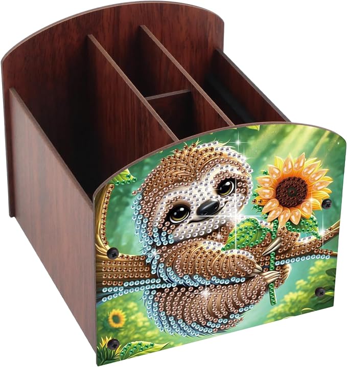 Diamond Painting Wooden Desk Organizer, Sloth with Sunflower Design DIY Diamond Art Storage Box for Tabletop Decoration, Crystal Rhinestones Art Desktop Ornament Kit for Adults