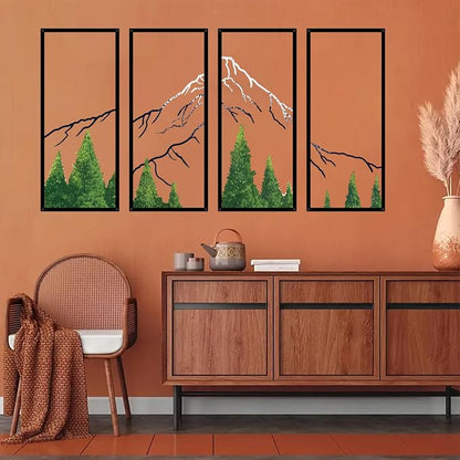 ruelen 4 Pcs Metal Mountain Forest Snow Mountain Wall Decorations，Abstract Minimalist Line Drawing Colorful Mountains Wall Art Home Decor for Living Room Bathroom Bedroom Office（Green，Small）