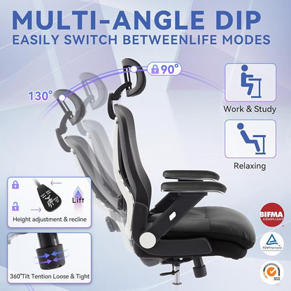750lbs Ergonomic Office Chair,Upgrade Big and Tall Office Chairs for Heavy People,Mesh High Back Desk Chair with 5D Flip Arms Large Wheels,Adjustable Headrest & Lumbar Support,Wide Chairs