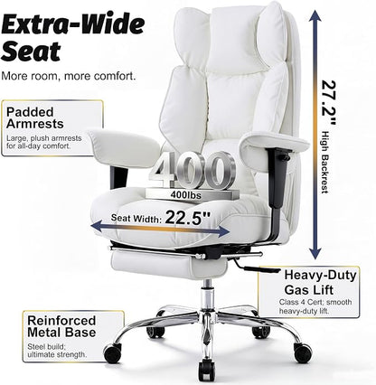 Efomao Executive Office Chair 400lbs,White Big and Tall Desk Chair | Mattress-grade pocket spring cushion, sleek leather, 135° recline & footrest for computer gaming setup.