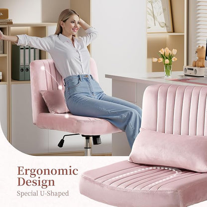Velvet Criss Cross Chair with Wheels, Luxury Cross Legged Office Chair, Comfy Desk Chair for Home Office, Wide Seat Computer Chair, Armless Vanity Chair, Birthday Gift for Girls & Women, Blush Pink