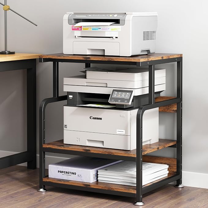 Large Printer Table for Home Office, Printer Stand, 3 Tier Rolling Printer Cart with Storage Shelf, Stand for Heat Press, Scanner, Fax, Organization, Brown