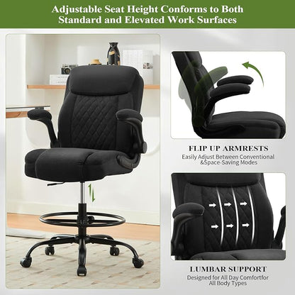 Drafting Chair Tall Office Chair for Standing Desk, Ergonomic Tall Desk Chair with Adjustable Foot Ring, Flip-Up Armrests, Lumbar Support, Comfortable Fabric Seat – Ideal for Home and Office Use