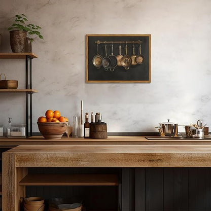 Framed Vintage Kitchen Canvas Wall Art, Farmhouse Pans Pictures Wall Decor Prints, Rustic Hanging Pots Paintings Poster Antique Home Decor Artwork for Dining Room Living Room 12x16 inch