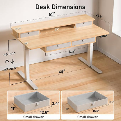 55 * 30 Inches Electric Standing Desk Adjustable Height with 4 Drawers, Double Storage Shelves Stand Up Desk, Home Office Workstation Sit Stand Desk (Nature)