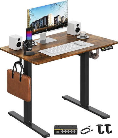 Electric Standing Desk,35x24 Inches Adjustable Height Stand up Desk, Sit Stand Home Office Desk with Splice Board, 3 Preset Heights,Equipped with Hooks,Ergonomic Computer Workstation，Brown