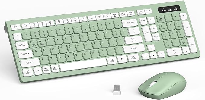 Wireless Keyboard and Mouse Combo, 2.4G Full Size Silent Keyboard with Fn Multimedia Keys for Office and Home, 3-Level DPI Adjustable Quiet Mouse for Windows,Mac OS Desktop/Laptop/PC(Avocado Green)