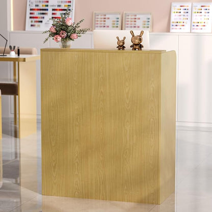 OmySalon Reception Desk with Counter, Small Front Desk w/Lockable Drawer, Wooden Modern Reception Table for Salon Lobby Office Home (Original Wood, 32)
