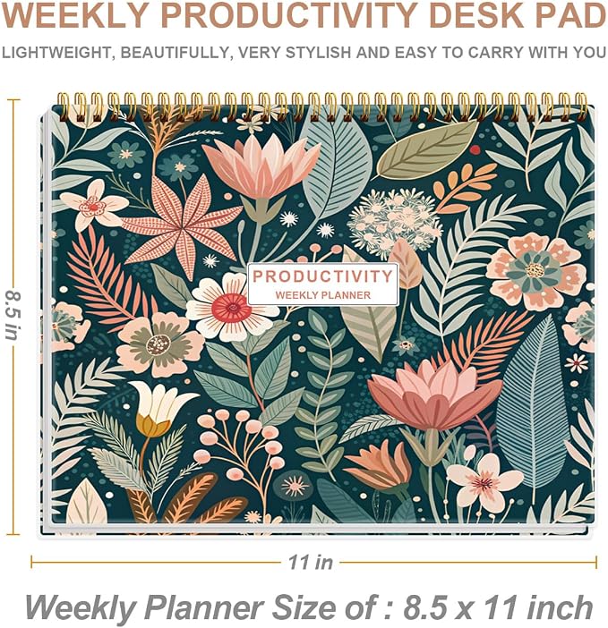 Weekly Productivity Planner - 8.5" x 11" Dashboard Desk Notepad Has 6 Focus Areas to List Tasks for Goals, Projects, Clients, Academic or Meal-Organize Your Daily Work Efficiently, 54 Weeks, Flower-C