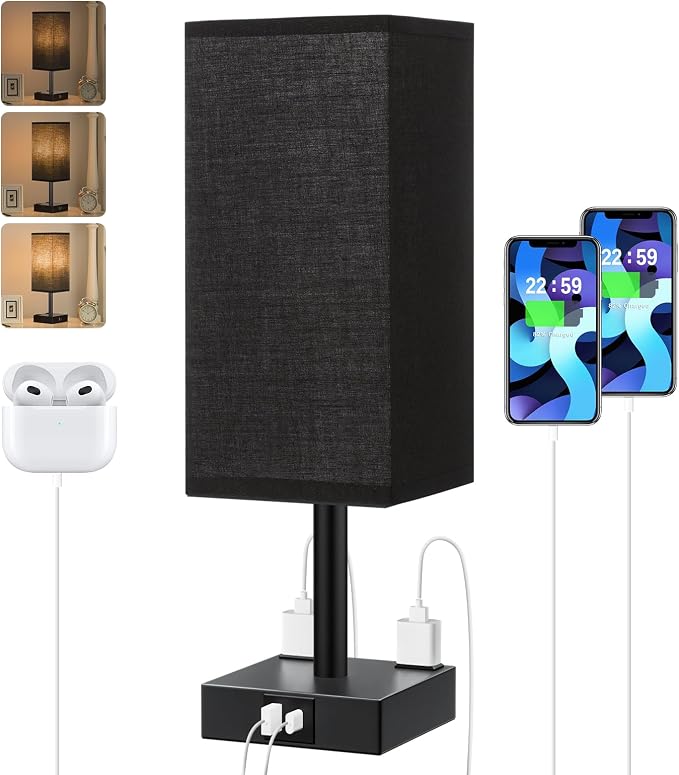 Touch Bedside Table Lamp for Nightstand - 3-Way Dimmable Night Lamp with USB A + Type C Charging Ports and Two AC Outlets, Small Desk Light with E26 LED Bulb for Bedroom Living Room Dorm Office,Black