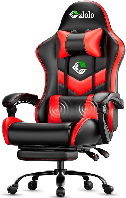 Czlolo Gaming Chair, Ergonomic Office Computer Chair with Footrest and Lumbar Support Massager Racing Style High Back Video Gamer Chair, Wide＆Thick Cushion, 90°-135° Recline, Adjustable Height, Red
