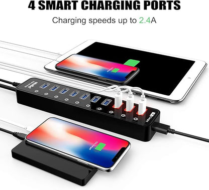Powered USB 3.0 Hub, USB 3.0 Data Hub 11 Ports - 7 USB 3.0 Data Ports + 4 Smart Charging Port with Individual On/Off Switches and 12V/4A Power Adapter USB Hub 3.0 Splitter